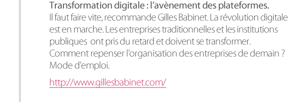 Gilles Babinet,  Transformation digitale : l’avènement des plateformes. Il faut faire vite, recommande Gilles Babinet. La révolution digitale est en marche. Les entreprises traditionnelles et les institutions publiques  ont pris du retard et doivent se transformer.  Comment repenser l’organisation des entreprises de demain ? Mode d’emploi. 