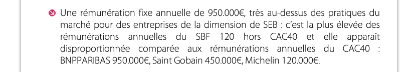 Une rémunération fixe annuelle de 950.000€, très au-dessus des pratiques du marché pour des entreprises de la dimension de SEB : c’est la plus élevée des rémunérations annuelles du SBF 120 hors CAC40 et elle apparaît disproportionnée comparée aux rémunérations annuelles du CAC40 : BNPPARIBAS 950.000€, Saint Gobain 450.000€, Michelin 120.000€.